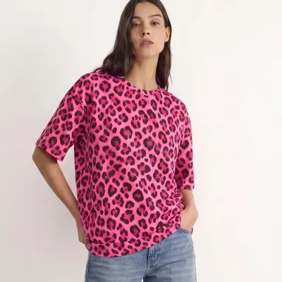 Women Fashion Casual Summer Leopard Short Sleeve Loose T-Shirt
