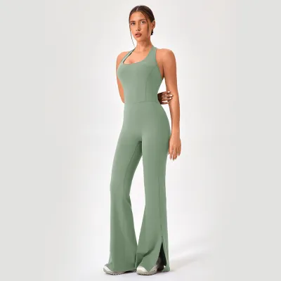Women Fashion Solid Color Halter-Neck Tight Yoga Sports Jumpsuit