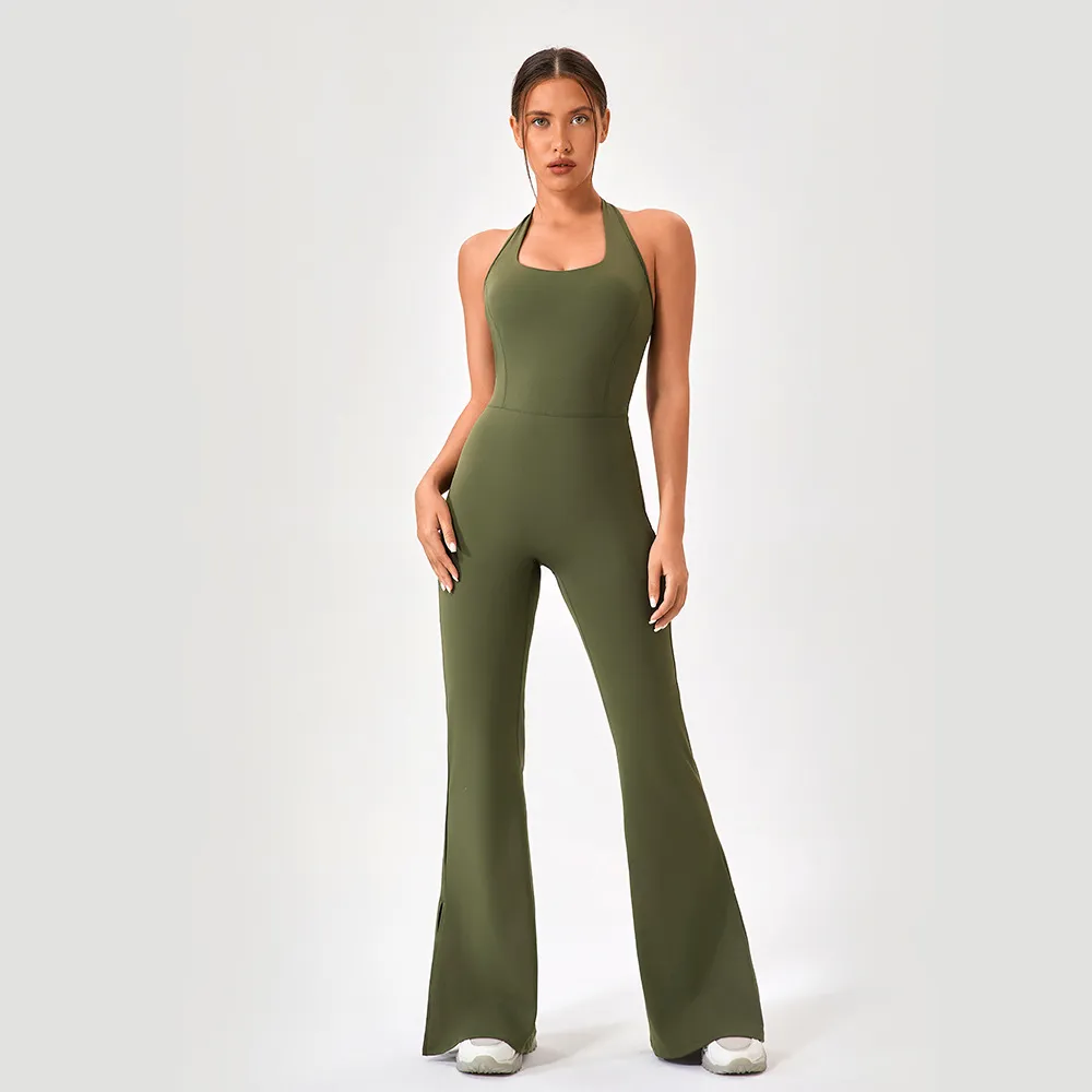 Women Fashion Solid Color Halter-Neck Tight Yoga Sports Jumpsuit
