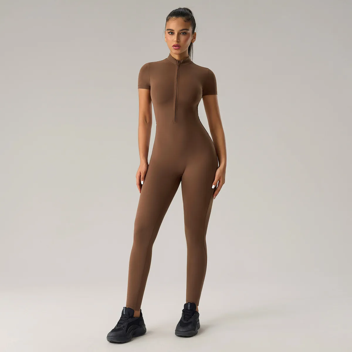 Women Fashion Solid Color Half-Zipper Short-Sleeve Tight Yoga Sports Jumpsuit