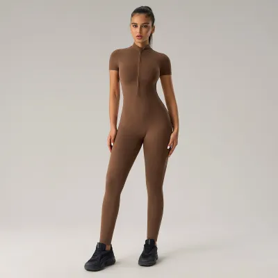 Women Fashion Solid Color Half-Zipper Short-Sleeve Tight Yoga Sports Jumpsuit