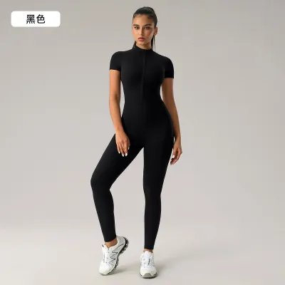 Women Fashion Solid Color Half-Zipper Short-Sleeve Tight Yoga Sports Jumpsuit