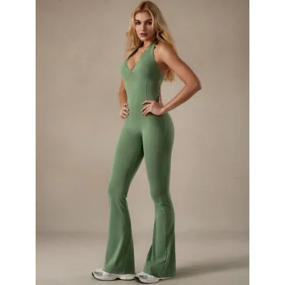 Women Fashion Casual Halter-Neck Lace V-Neck Yoga Sports Flared Jumpsuit