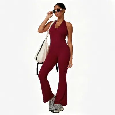 Women Fashion Casual Halter-Neck Lace V-Neck Yoga Sports Flared Jumpsuit