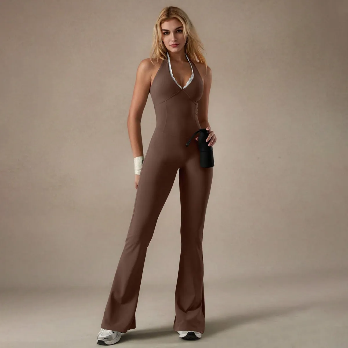 Women Fashion Casual Halter-Neck Lace V-Neck Yoga Sports Flared Jumpsuit