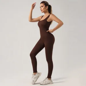 Women Fashion Solid Color Threaded Seamless Sleeveless Tight Sports Jumpsuit