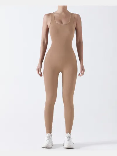 Women Fashion Solid Color Threaded Seamless Sleeveless Tight Sports Jumpsuit