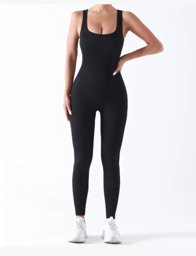 Women Fashion Solid Color Threaded Seamless Sleeveless Tight Sports Jumpsuit