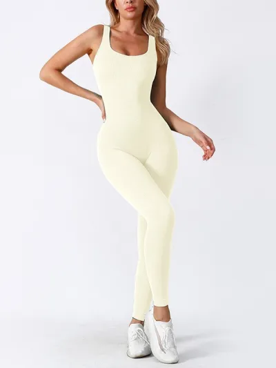 Women Fashion Solid Color Threaded Seamless Sleeveless Tight Sports Jumpsuit