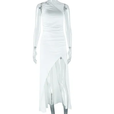 Women Sexy Fashion Solid Color Slant Collar Side Slit Maxi Dress
