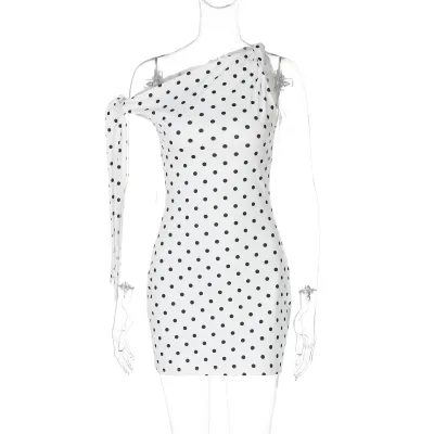Women Sexy Polo Dot Print Slant Shoulder Lace-Up Mini Dress