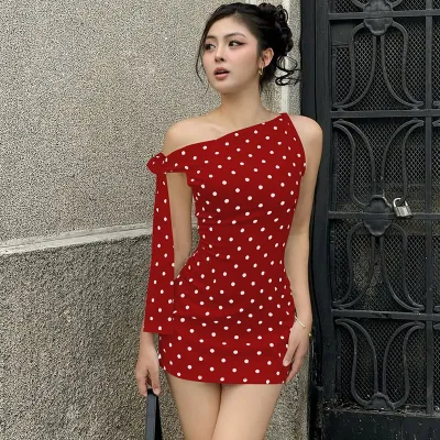 Women Sexy Polo Dot Print Slant Shoulder Lace-Up Mini Dress