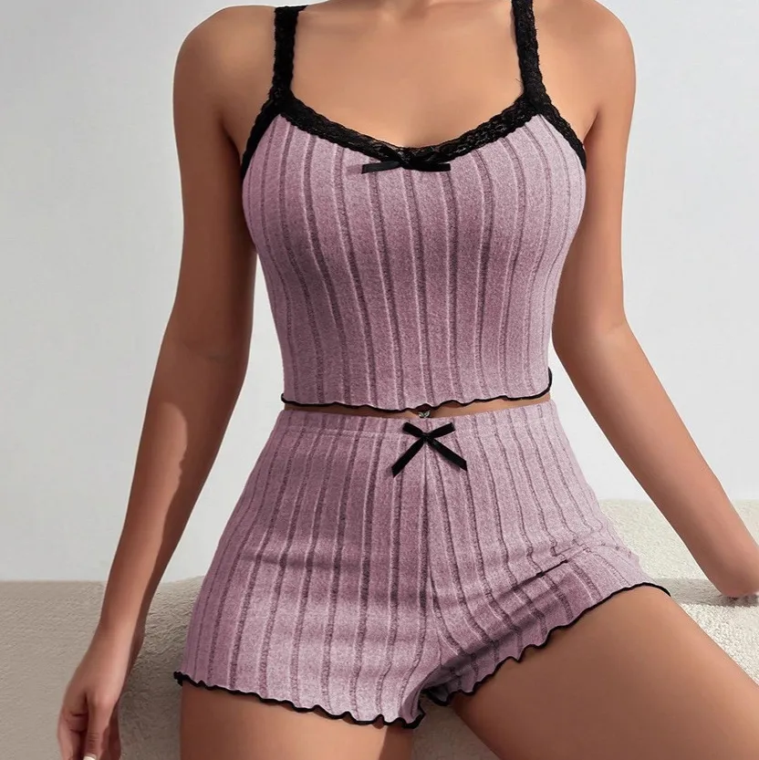 Women Fashion Casual Spring And Summer Bow Strap Camisole Loose Shorts Pajamas Two-Piece Set
