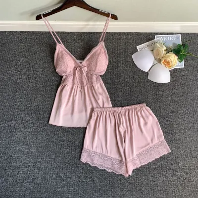 Women Fashion Sexy Solid Color Lace Camisole Loose Shorts Pajamas Two-Piece Set