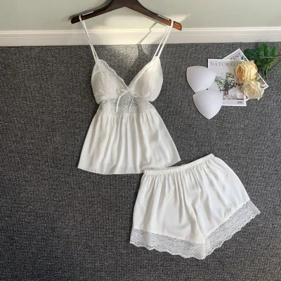 Women Fashion Sexy Solid Color Lace Camisole Loose Shorts Pajamas Two-Piece Set
