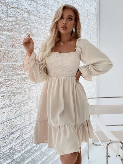 Women Casual Solid Color Square Collar Long Sleeve Ruffled Dress