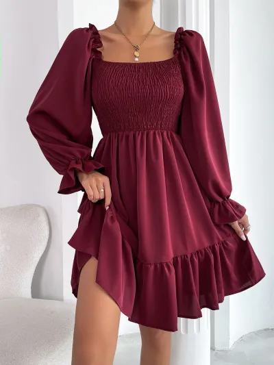 Women Casual Solid Color Square Collar Long Sleeve Ruffled Dress