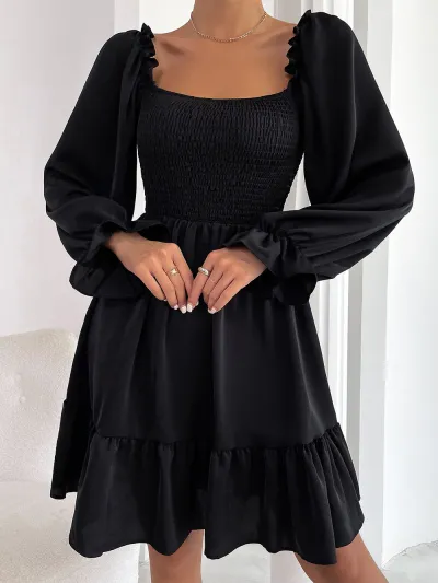 Women Casual Solid Color Square Collar Long Sleeve Ruffled Dress