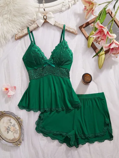 Women Fashion Sexy Lace Stitching Camisole Loose Shorts Pajamas Two-Piece Set
