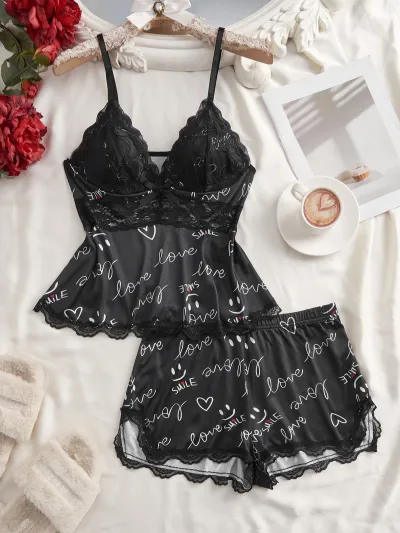 Women Fashion Sexy Lace Stitching Camisole Loose Shorts Pajamas Two-Piece Set
