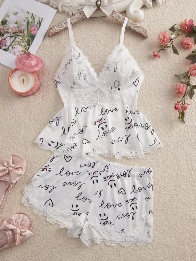 Women Fashion Sexy Lace Stitching Camisole Loose Shorts Pajamas Two-Piece Set