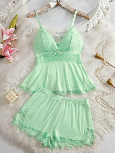 Women Fashion Sexy Lace Stitching Camisole Loose Shorts Pajamas Two-Piece Set