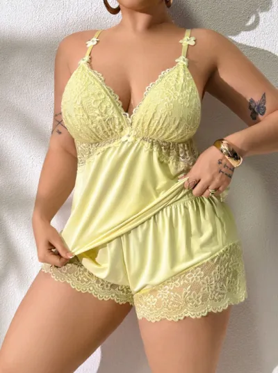 Women Fashion Sexy Solid Color Lace Camisole Loose Shorts Pajamas Two-Piece Set