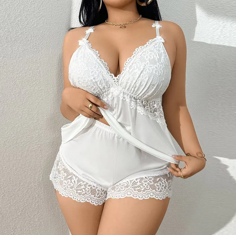Women Fashion Sexy Solid Color Lace Camisole Loose Shorts Pajamas Two-Piece Set