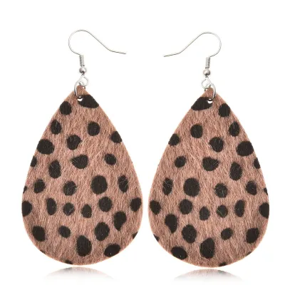 Women Fashion Retro Leopard Pu Leather Geometric Shape Earrings