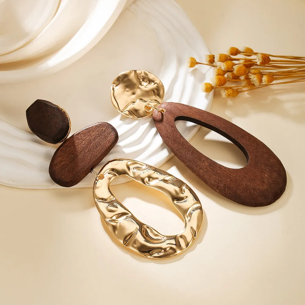 Women Fashion Retro Exaggerated Round Brown Coffee Wooden Earrings