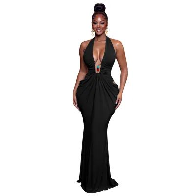 Women Elegant V-Neck Sexy Backless Maxi Dress