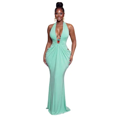 Women Elegant V-Neck Sexy Backless Maxi Dress