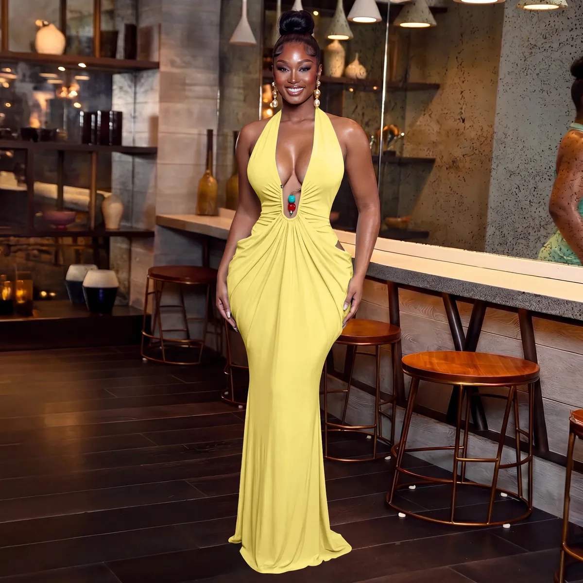 Women Elegant V-Neck Sexy Backless Maxi Dress