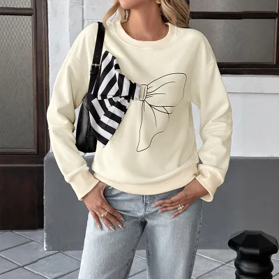 Women Fashion Casual Autumn And Winter Three-Dimensional Stripe Bow Round Neck Long-Sleeve Sweatshirt