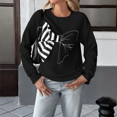 Women Fashion Casual Autumn And Winter Three-Dimensional Stripe Bow Round Neck Long-Sleeve Sweatshirt