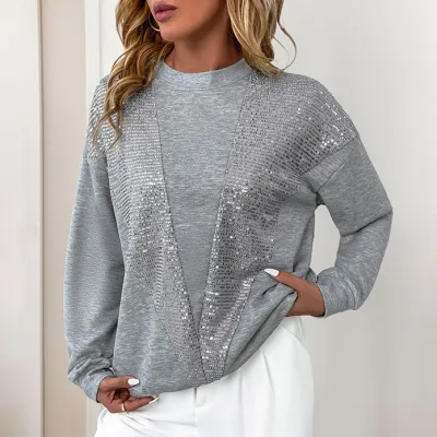 Women Fashion Casual Autumn Sequin Round Neck Long-Sleeve Sweatshirt