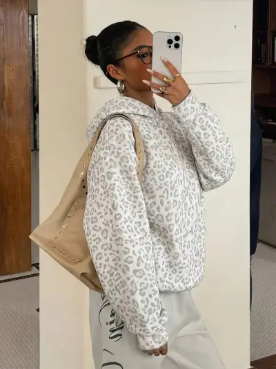 Women Fashion Casual Autumn And Winter Leopard Printed Long Sleeve Loose Hoodies