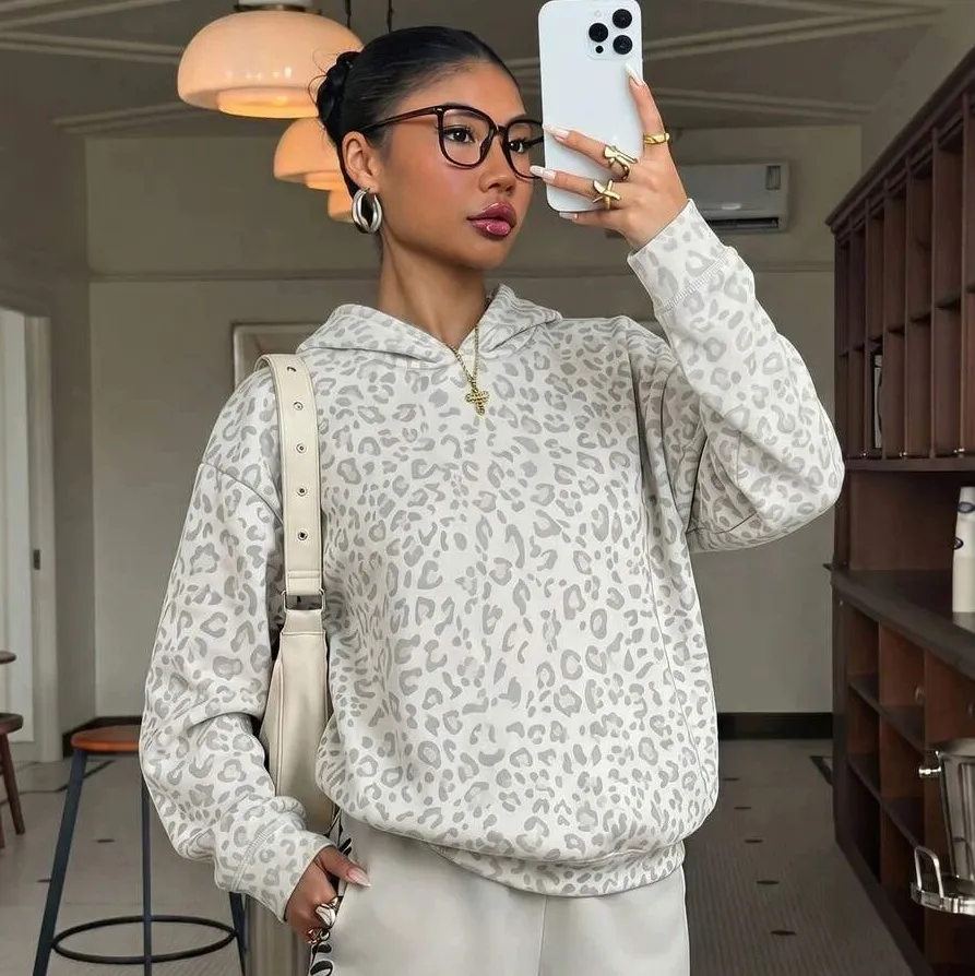 Women Fashion Casual Autumn And Winter Leopard Printed Long Sleeve Loose Hoodies