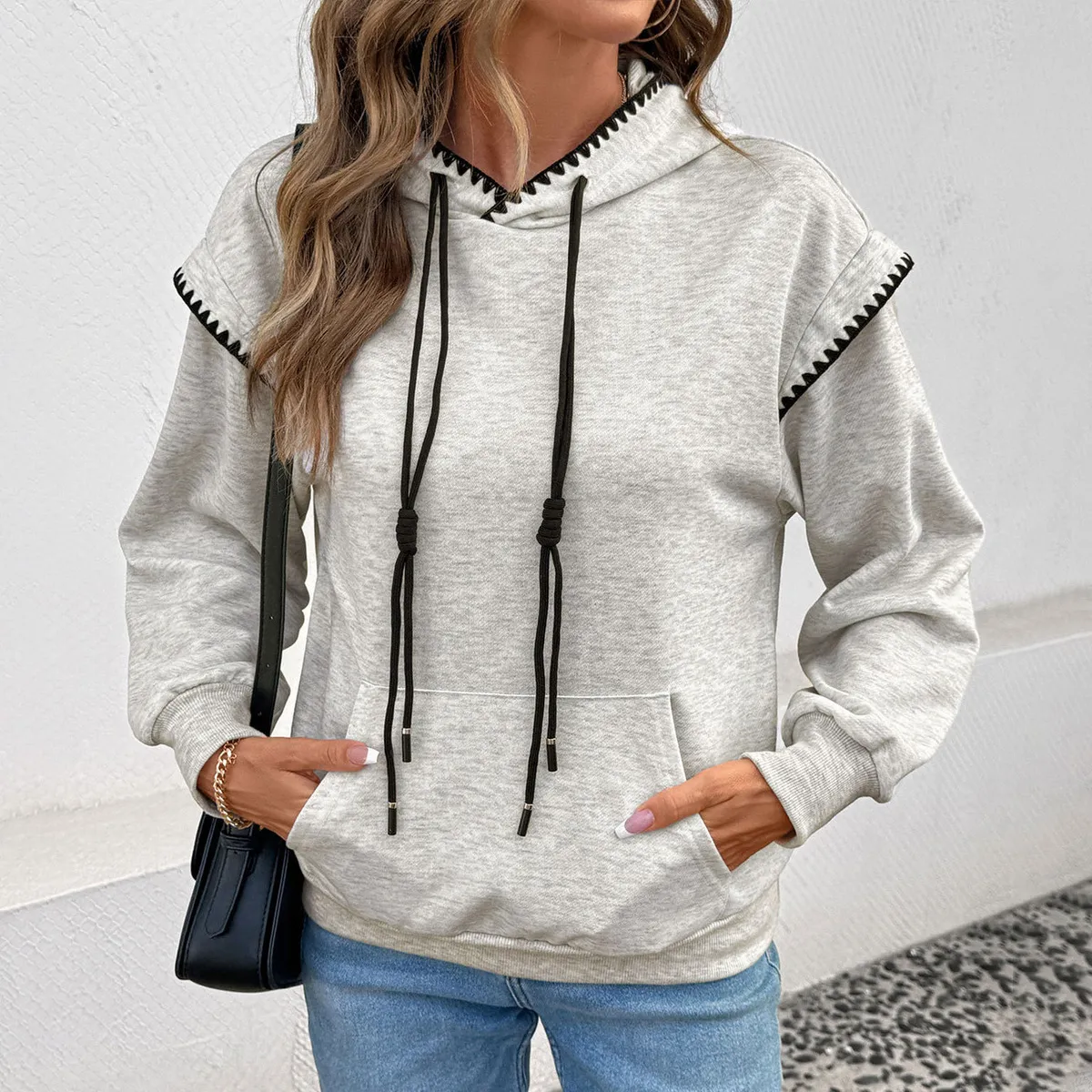 Women Fashion Casual Autumn And Winter Contrast Color Trim Long-Sleeve Loose Hoodies