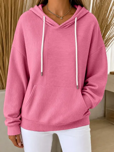 Women Fashion Casual Autumn Solid Color Loose Drawstring Hoodies