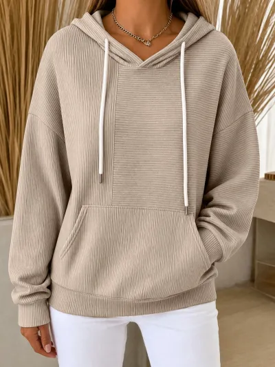 Women Fashion Casual Autumn Solid Color Loose Drawstring Hoodies