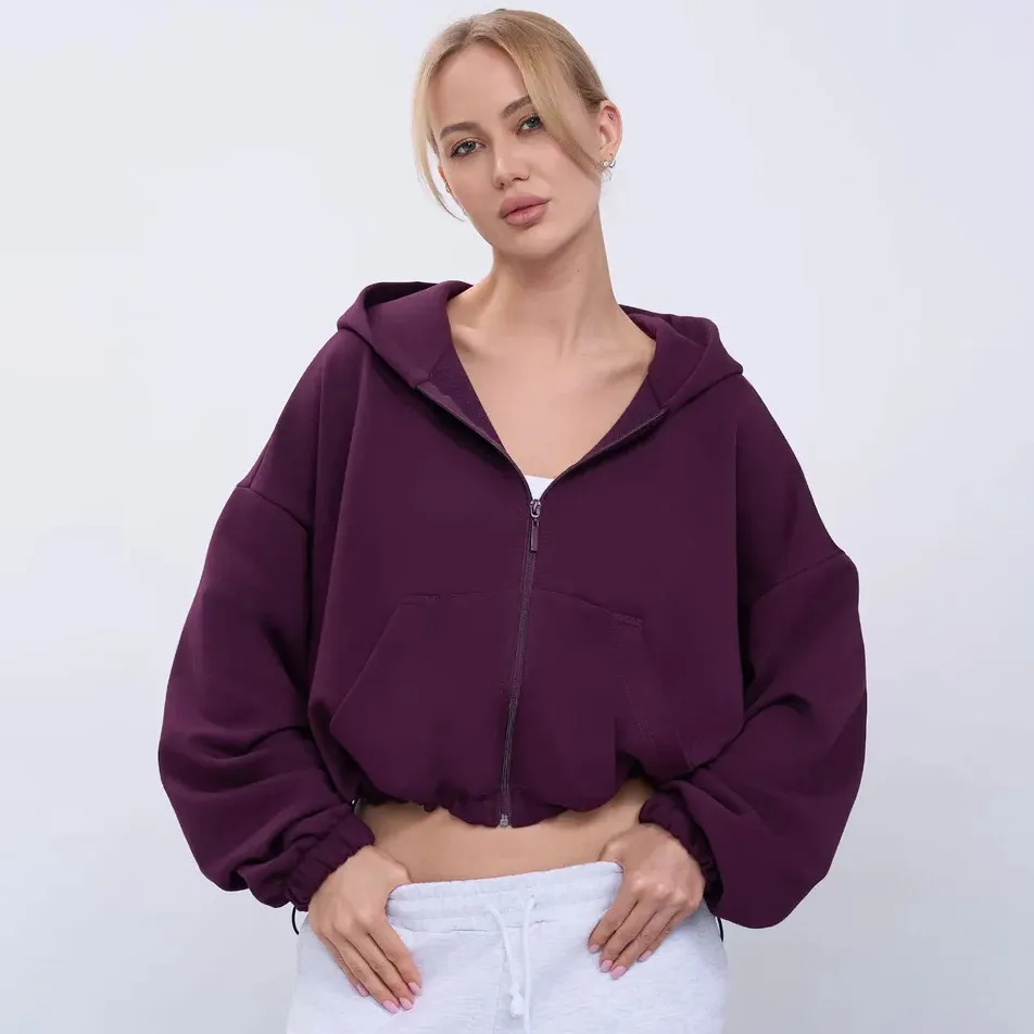 Women'S Fashion Casual Solid Color Long-Sleeve Short Zipper Hoodies