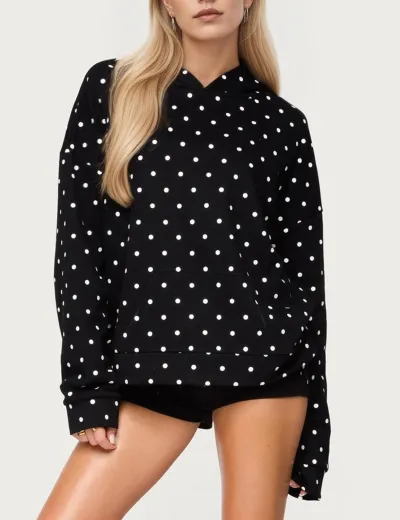 Women Fashion Casual Autumn And Winter Polka Dot Print Loose Long-Sleeve Hoodies