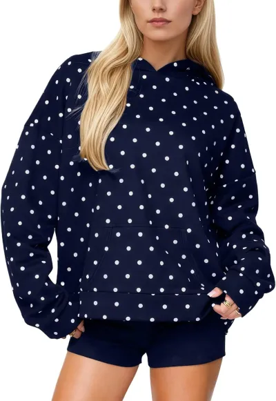 Women Fashion Casual Autumn And Winter Polka Dot Print Loose Long-Sleeve Hoodies