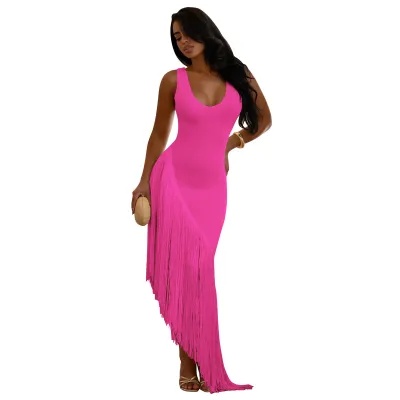 Women Sexy Solid Color Irregular Fringe Hem Maxi Dress