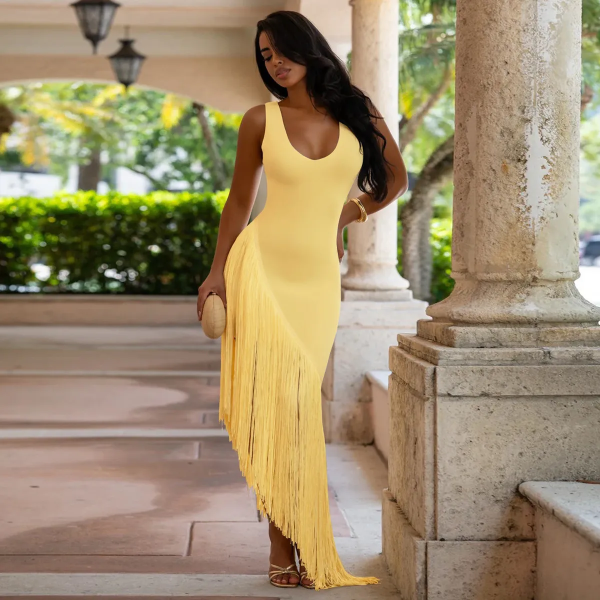 Women Sexy Solid Color Irregular Fringe Hem Maxi Dress