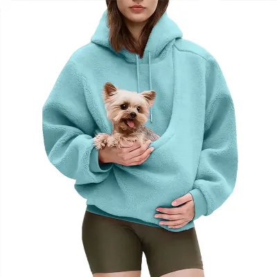 Women Fahion Casual Autumn And Winter Solid Color Plush Pet Pocket Long-Sleeve Loose Hoodies