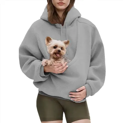 Women Fahion Casual Autumn And Winter Solid Color Plush Pet Pocket Long-Sleeve Loose Hoodies