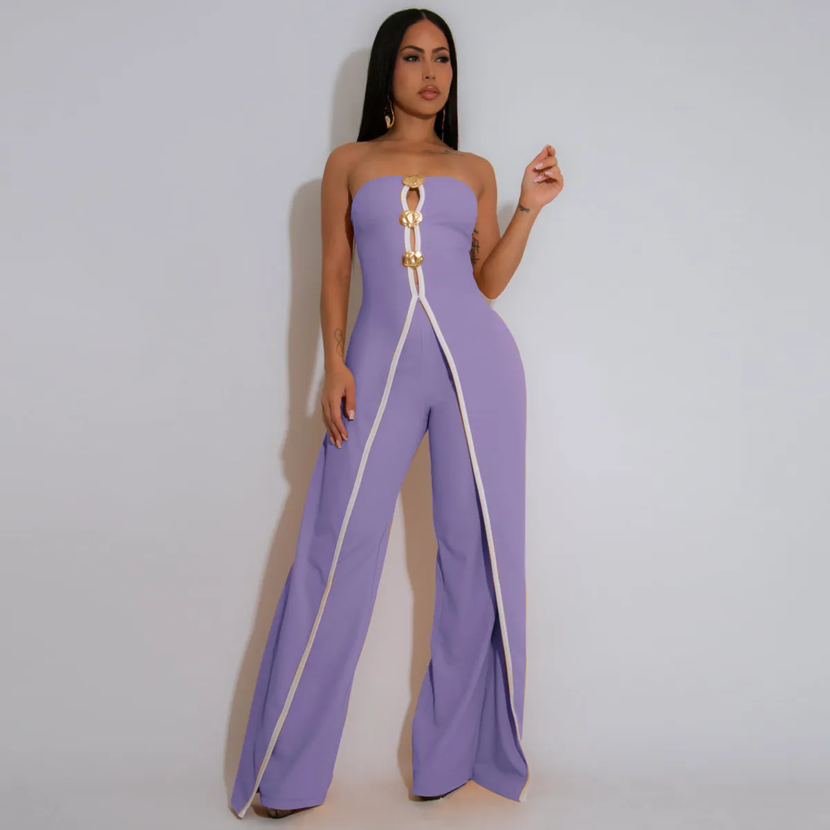 Women Fashion Strapless Hollow-Out Wide-Leg Jumpsuit
