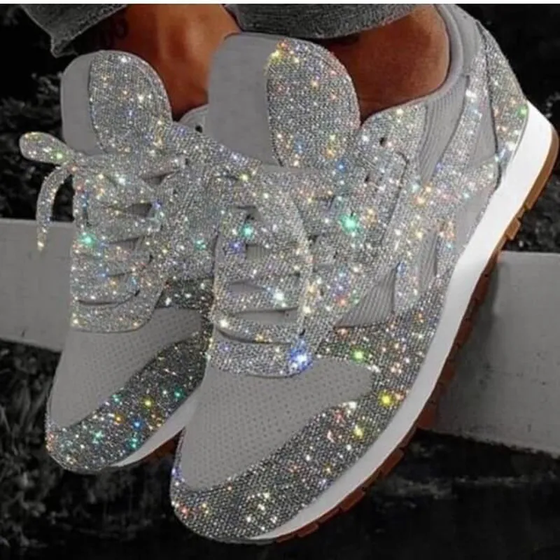 Women'S Fashion Casual Lace-Up Sequins Flat Wear-Resistant Sneakers